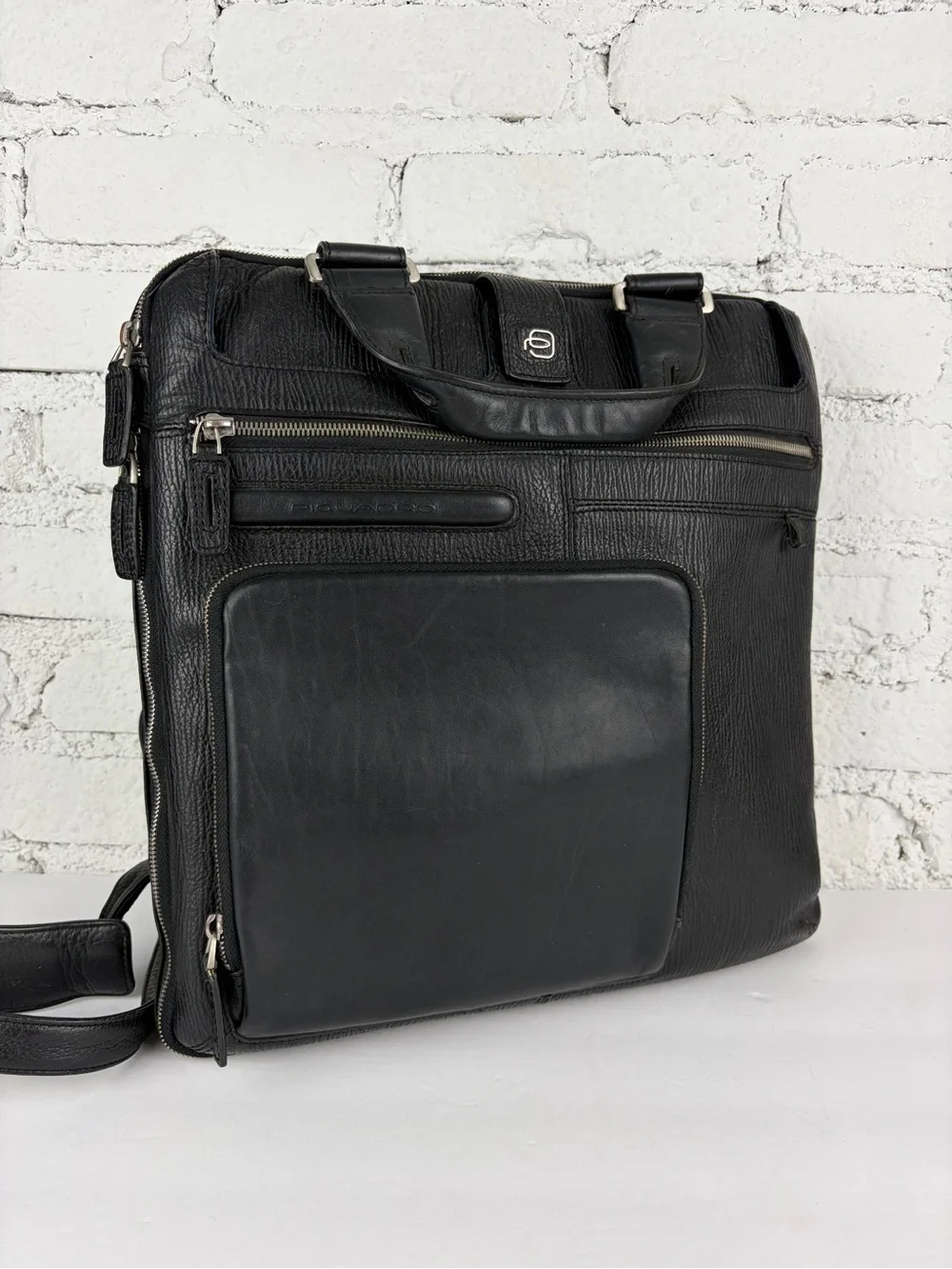 Piquadro Black Leather Vertical Briefcase Laptop Sleeve Travel Bag